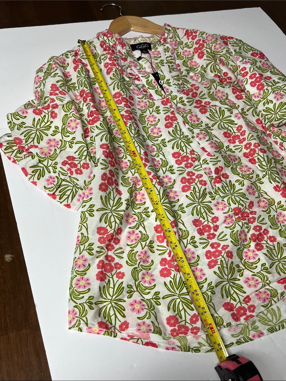 NWT GiGio USA Floral Pink & Green Top Blouse Shirt Large Pink Green Yellow - Picture 13 of 14